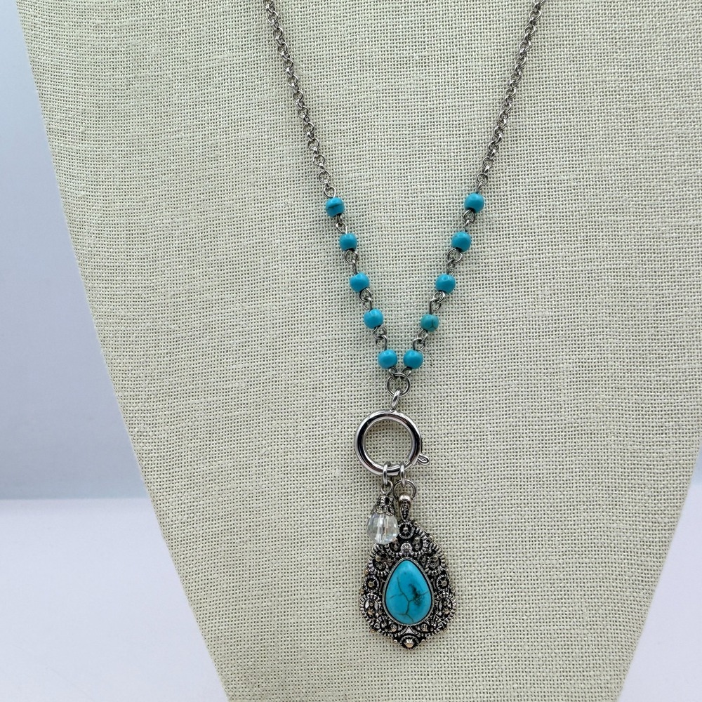 Vintage 90s Silver Tone Turquoise Beaded Teardrop Pendant Necklace Boho Jewelry - Picture 6 of 11
